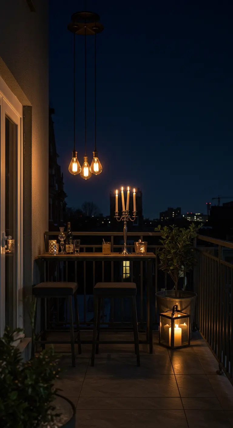 A narrow balcony with a high-top bar table and stools, lit by a silver candelabra and lanterns.