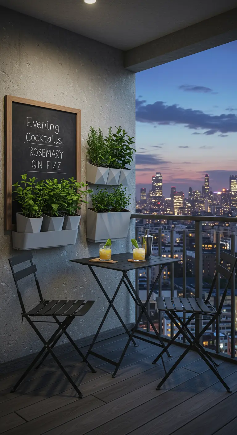 A modern balcony at dusk with a cocktail menu on a chalkboard and planters with fresh herbs.