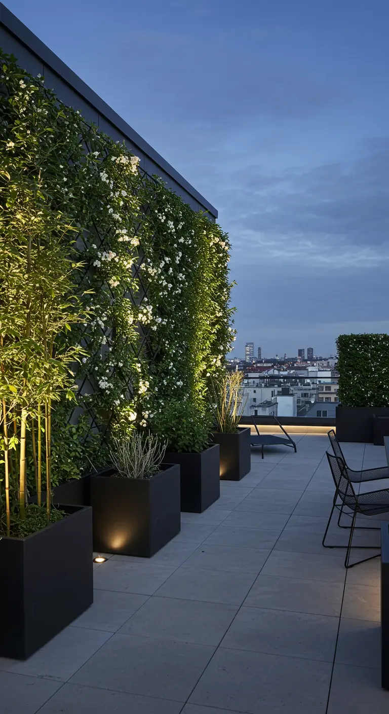 Rooftop terrace at dusk with an illuminated green wall and modern black planters.