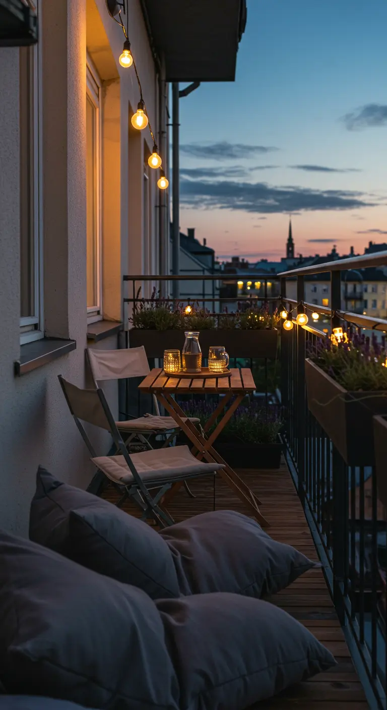 A cozy balcony at dusk with string lights, a small table, and plush floor pillows.