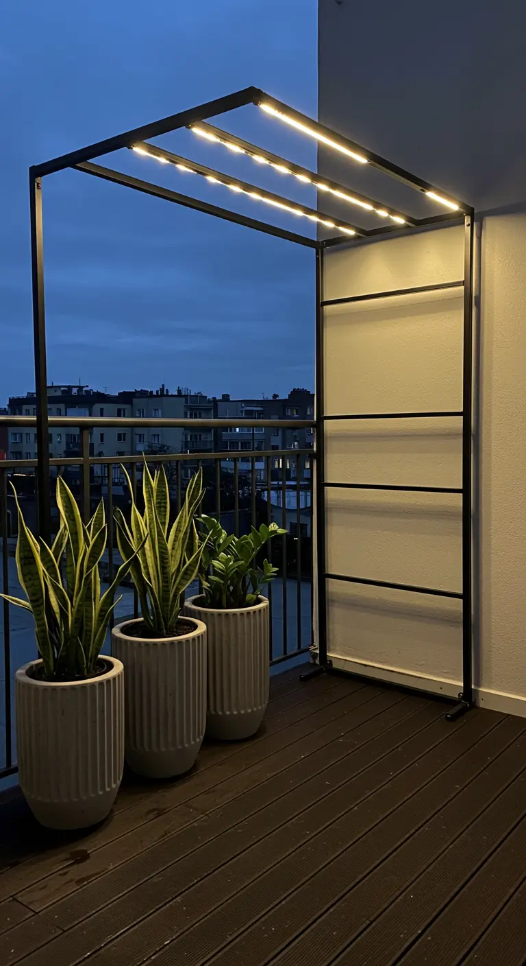Black metal pergola with integrated LED lights over three modern planters on a balcony at dusk.
