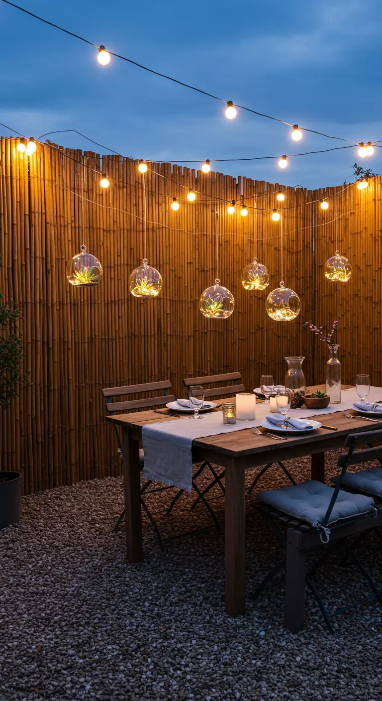 An outdoor dining table in front of a bamboo screen, lit by string lights and glowing globes.
