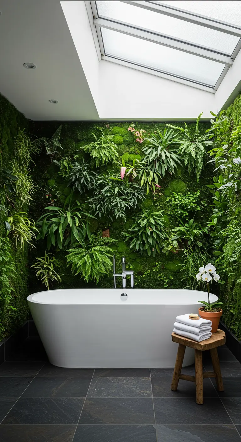 Modern bathroom with a freestanding tub set against a dense wall of tropical plants.