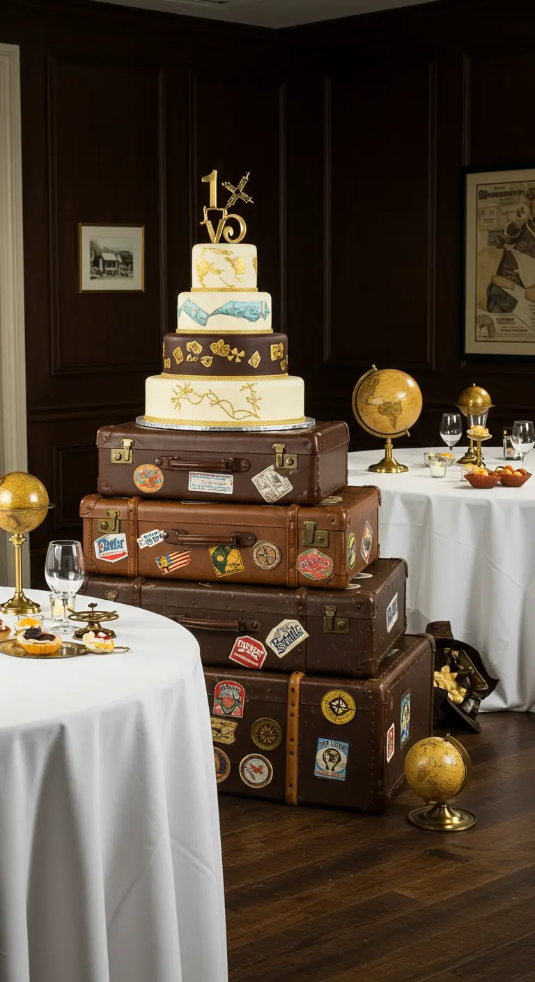 Tiered cake on a stack of vintage suitcases with travel stickers.