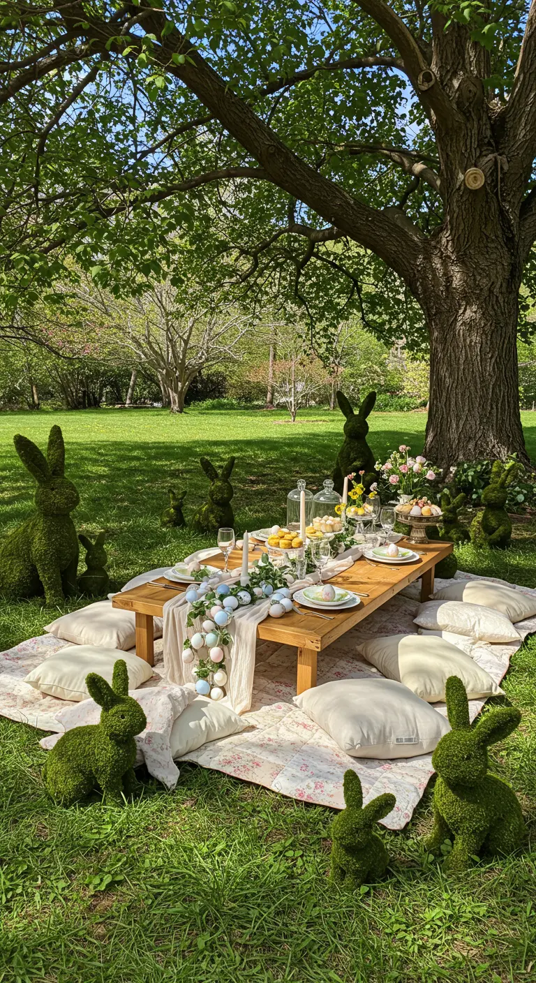 Low picnic table on a lawn surrounded by moss bunnies and floor cushions.