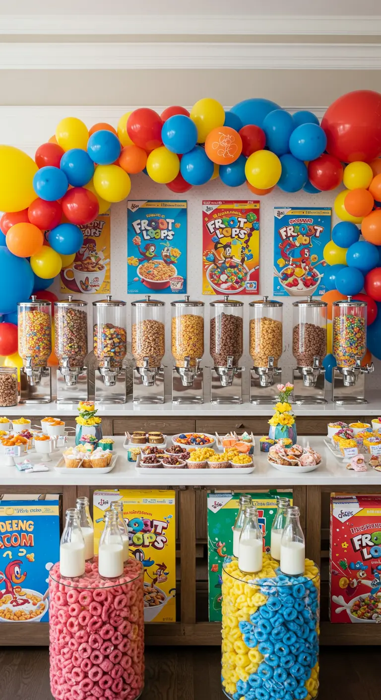 A colorful cereal bar with dispensers, vintage cereal boxes, and a primary-colored balloon arch.