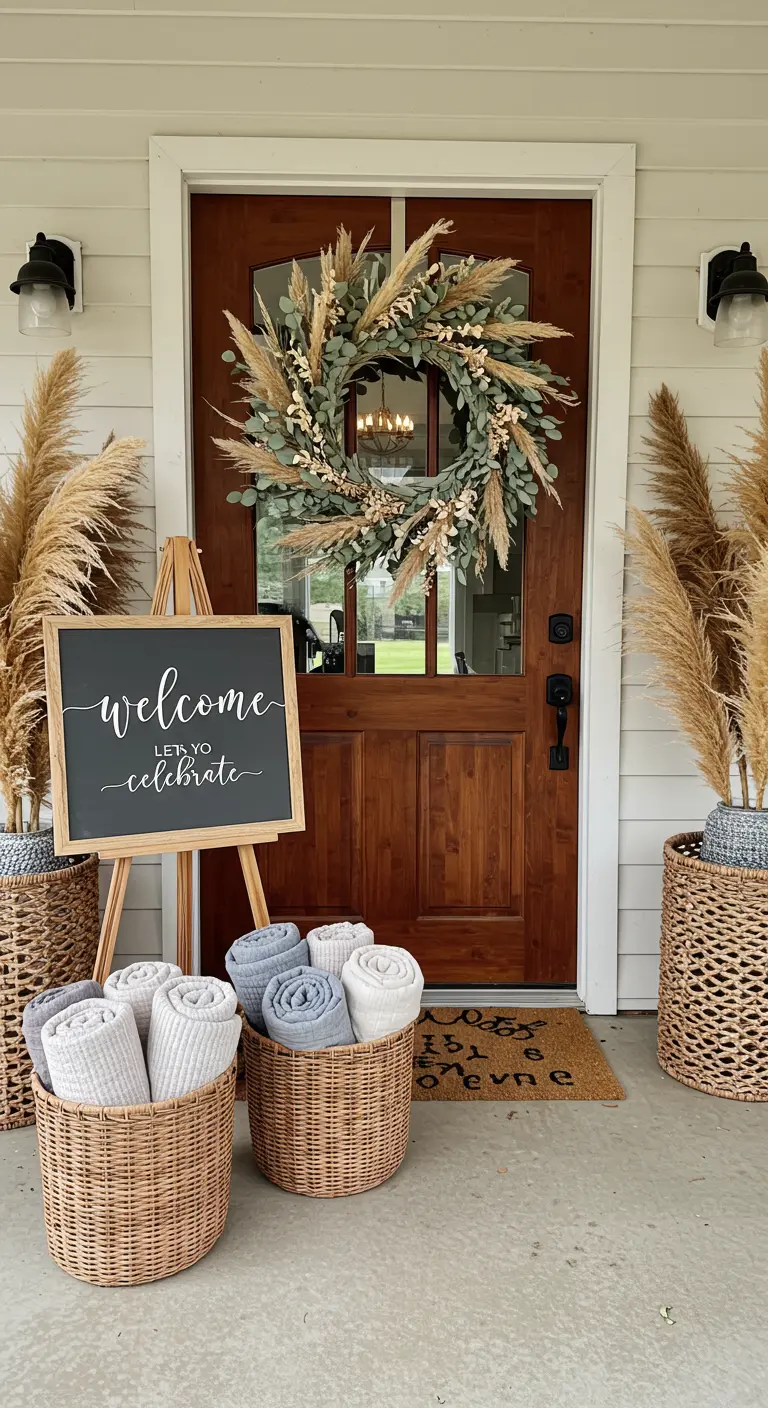 Welcoming front porch with a large pampas grass wreath, a chalkboard sign, and baskets of blankets.