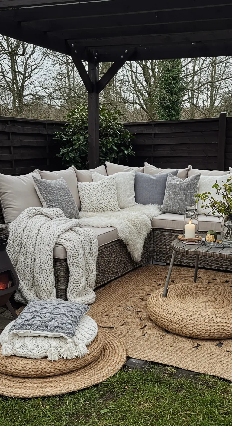 A sectional sofa piled high with chunky knit blankets, sheepskin throws, and textured pillows.