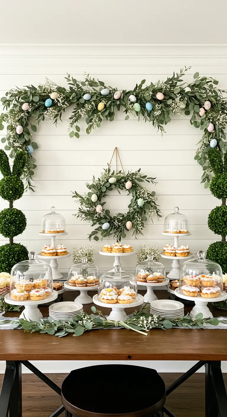 Easter dessert bar with donuts, a large eucalyptus garland arch, and bunny topiaries.