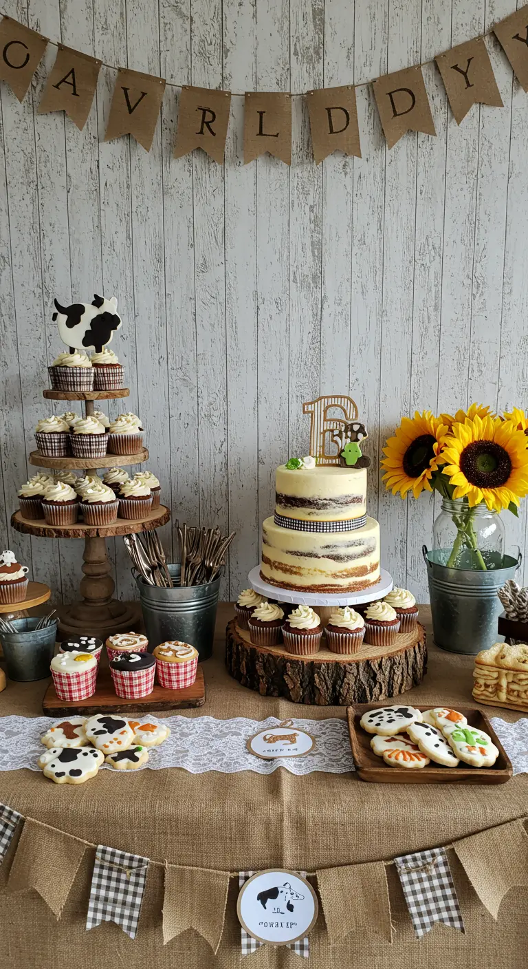Barnyard-themed dessert table with a naked cake on a wood slice, cupcakes, and sunflowers.