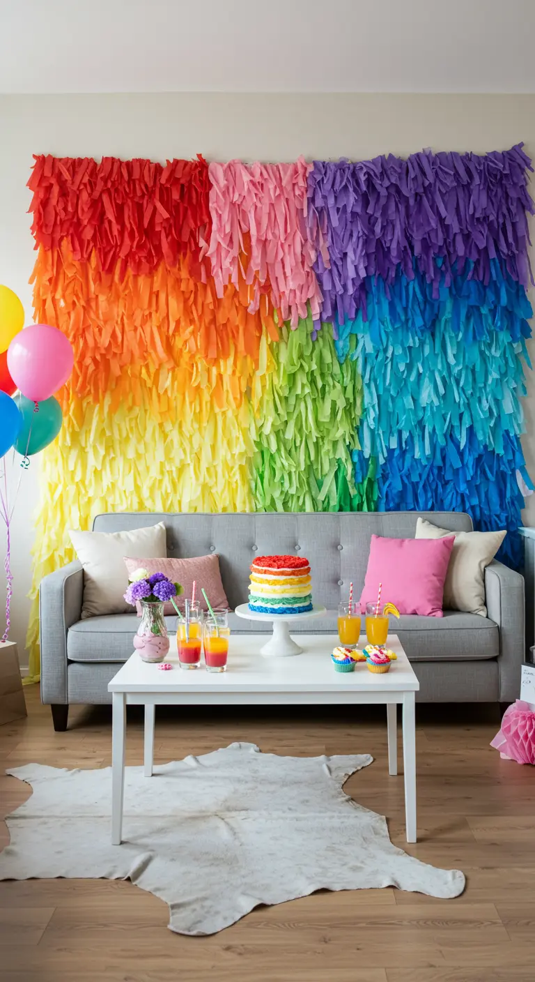 A rainbow fringe backdrop made of crepe paper hangs behind a grey couch.