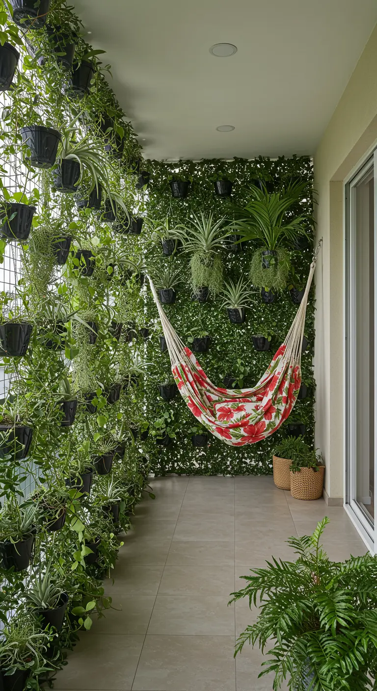 A balcony with a floral hammock surrounded by walls completely covered in hanging plants.