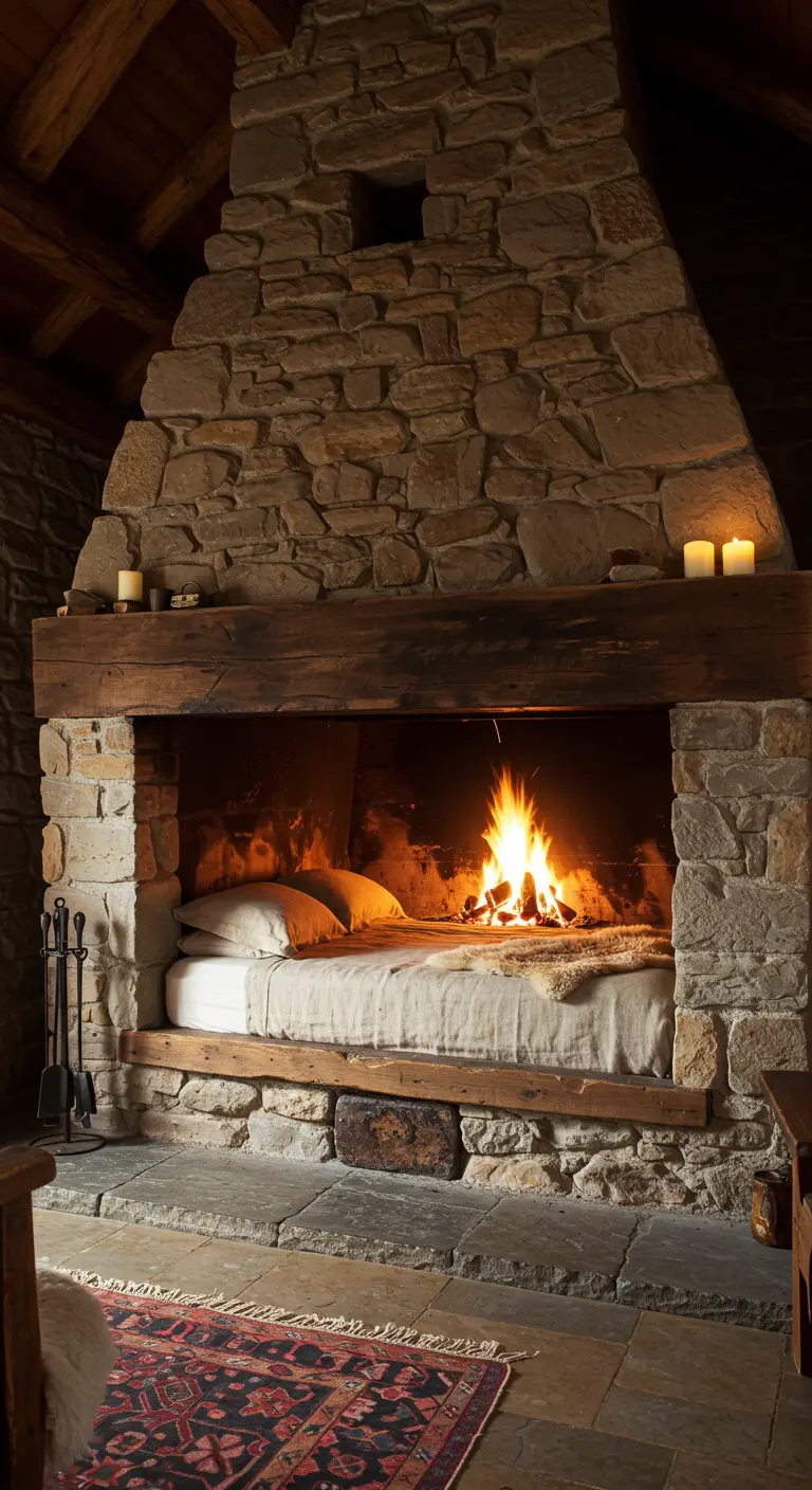 A bed built directly into the opening of a massive stone fireplace.