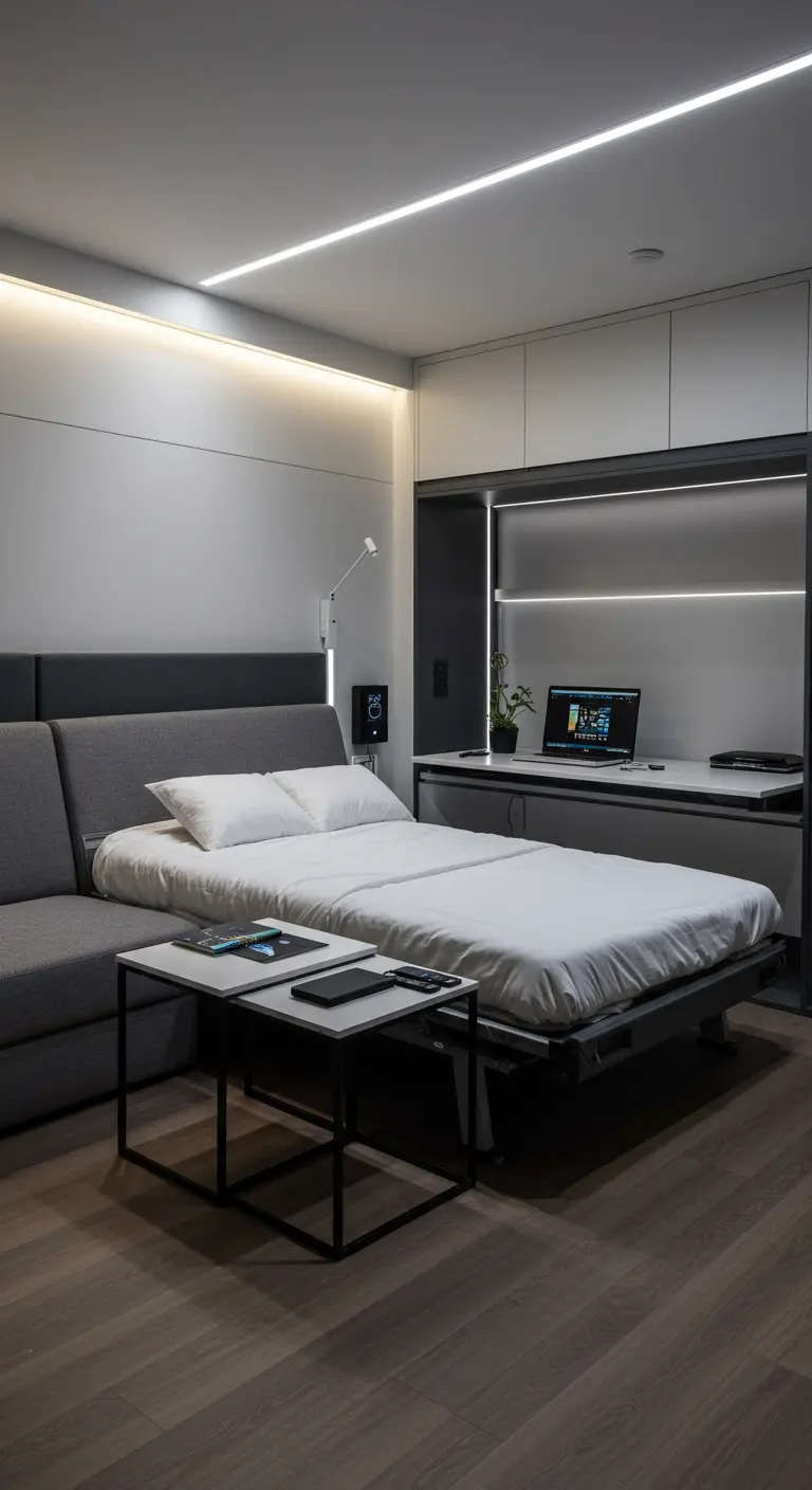 A modern studio with a Murphy bed folded down over a sofa, next to a built-in desk unit.