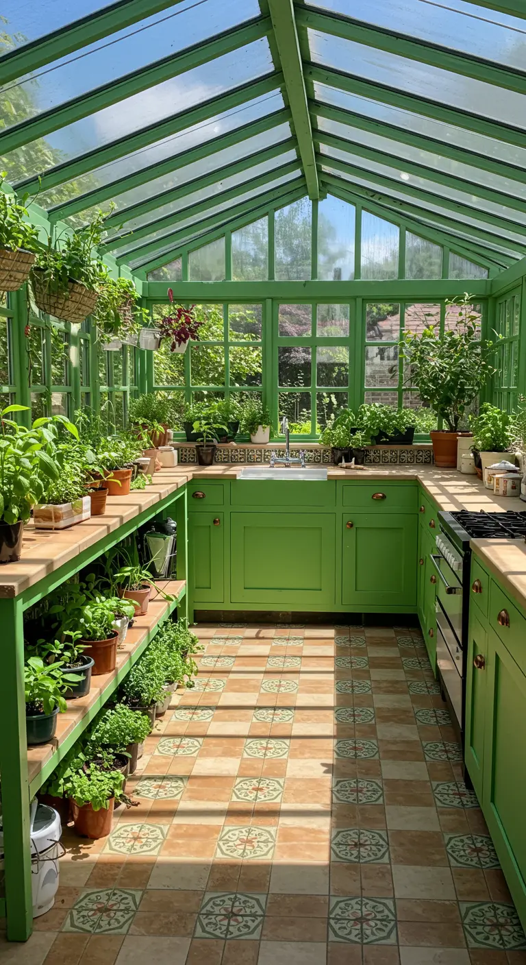 A bright kitchen inside a greenhouse with green framing, filled with potted plants and herbs.
