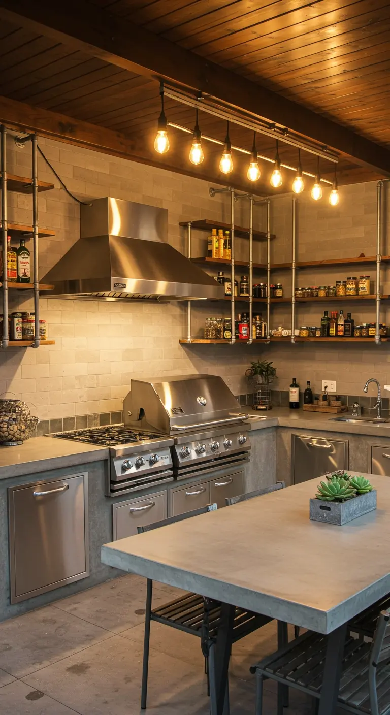 A high-end outdoor kitchen with stainless steel appliances and pipe shelving for spices and sauces.