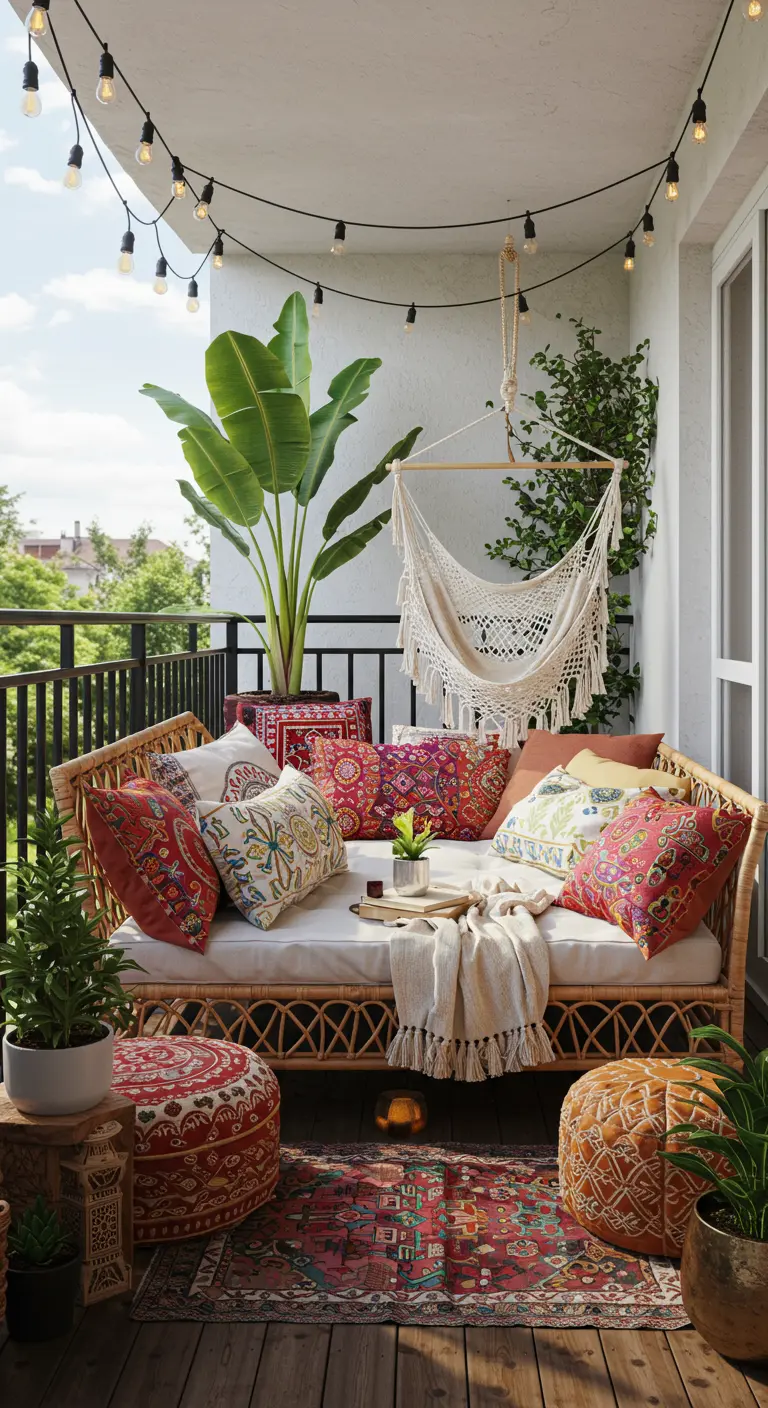 A large rattan daybed on a balcony, covered in colorful patterned pillows and a small hammock.