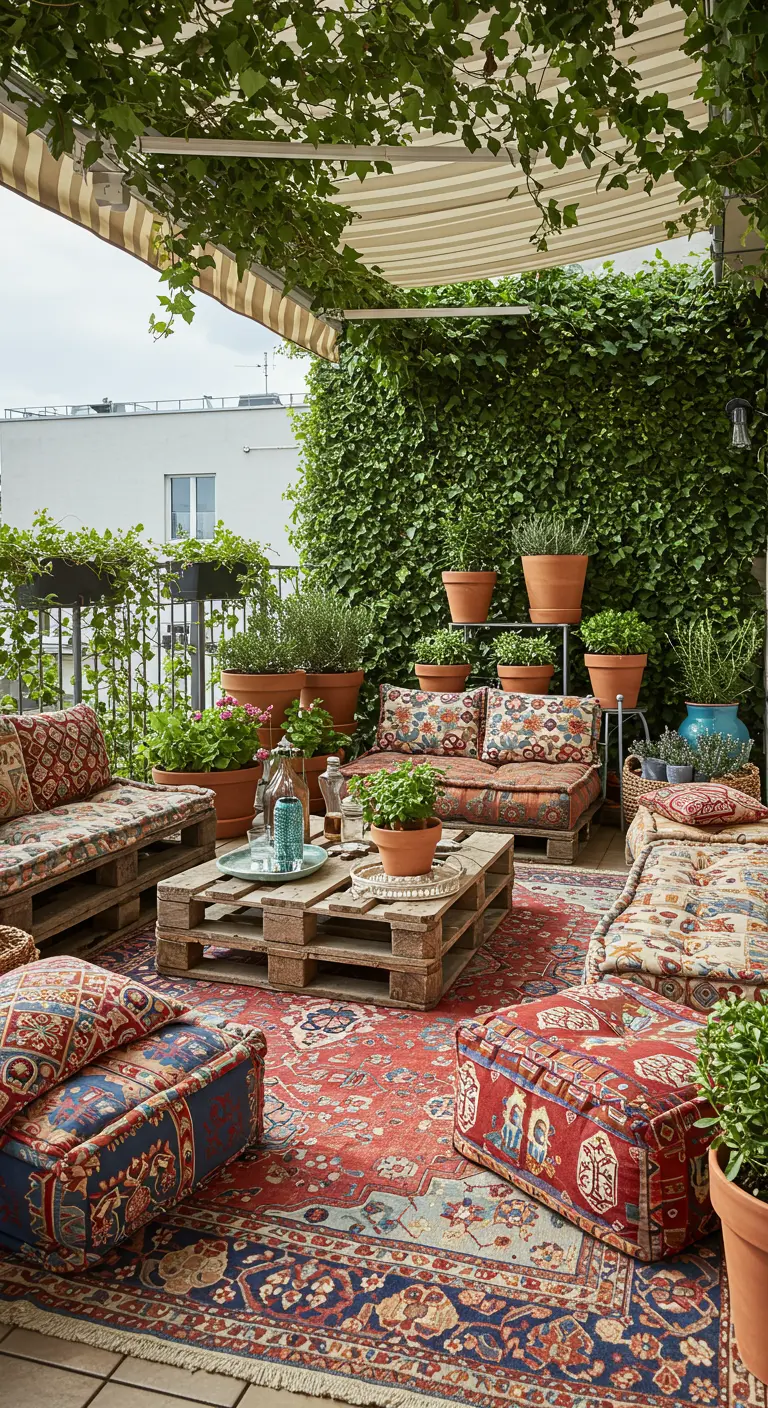 A large balcony with pallet furniture, a colorful patterned rug, and lots of bohemian cushions.