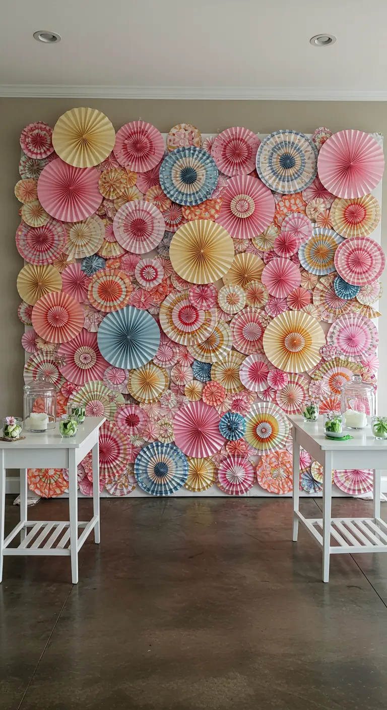 A full wall covered in overlapping paper fans in pastel shades.