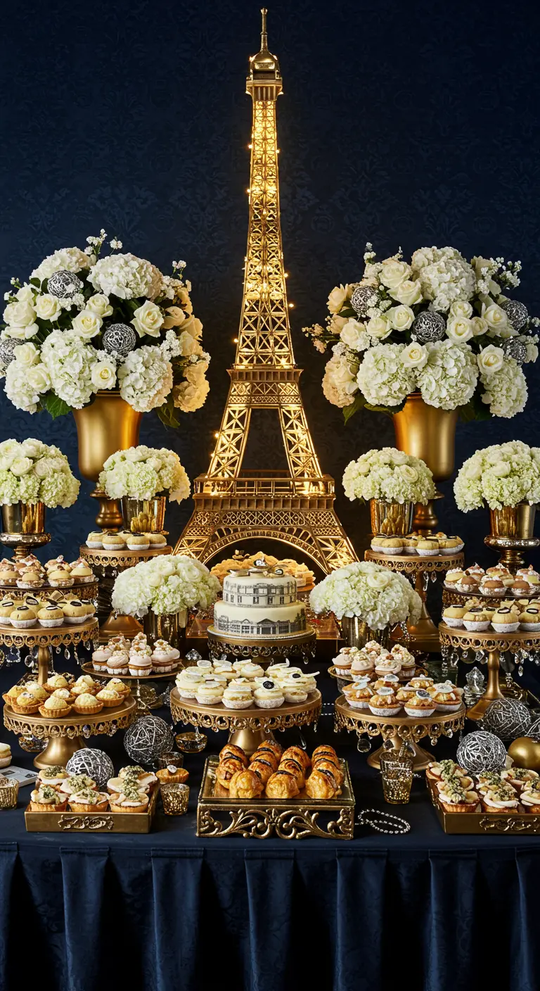 Elaborate dessert table with a gold light-up Eiffel Tower, white flowers, and pastries