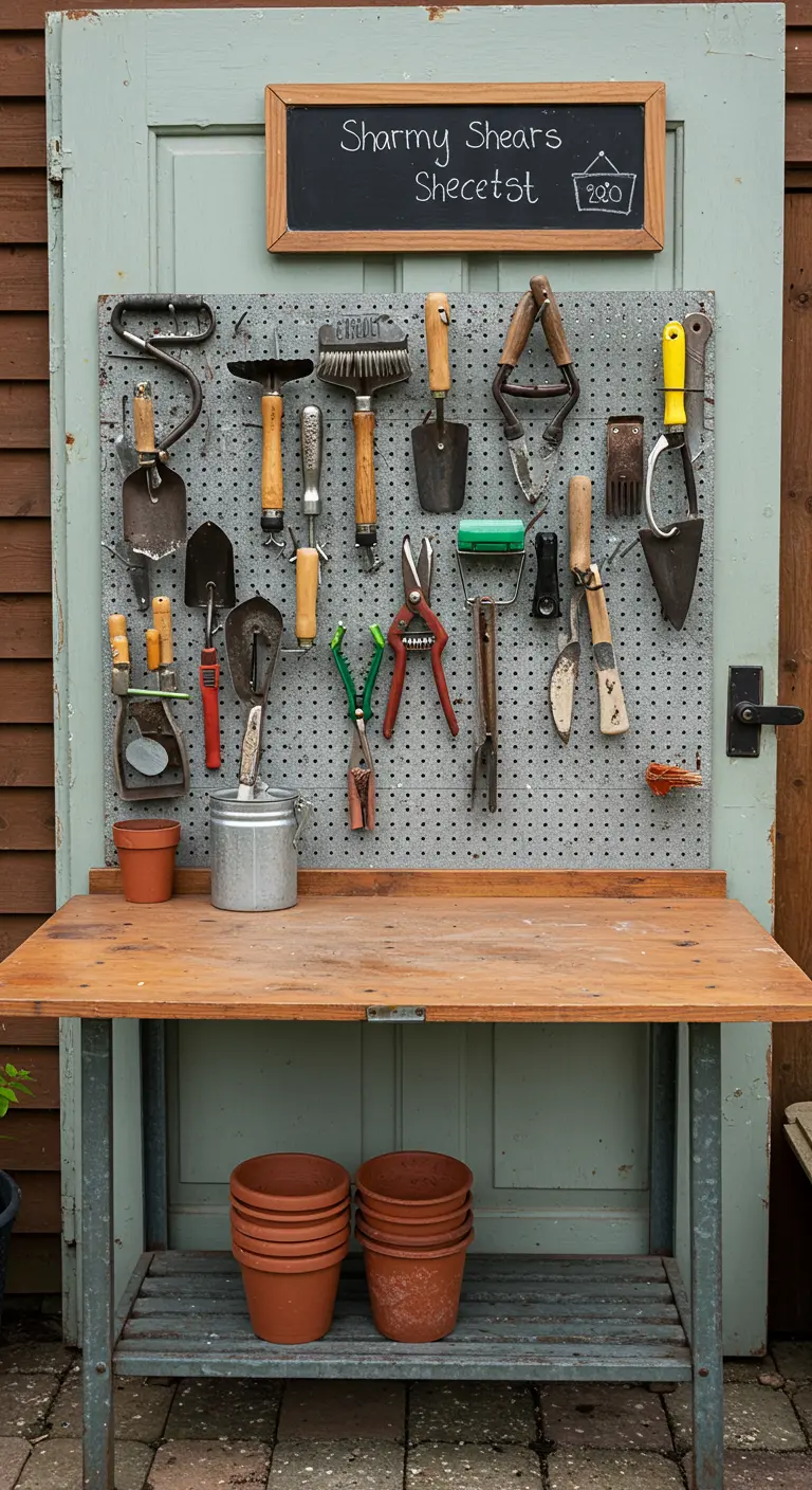 A potting station with a pegboard mounted on the door, holding a variety of garden tools.