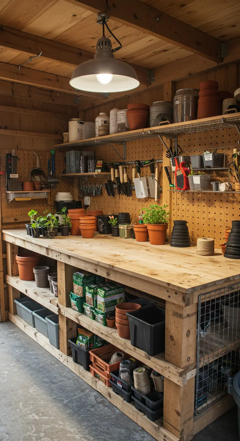 A large pallet wood workbench in a shed with a fully organized pegboard backsplash and shelves.