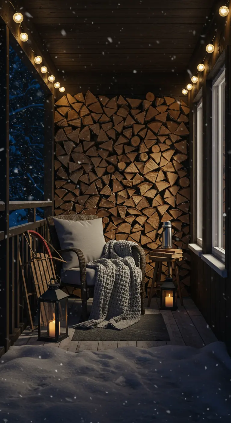 Enclosed balcony with a firewood wall, a cozy armchair, and a lantern.