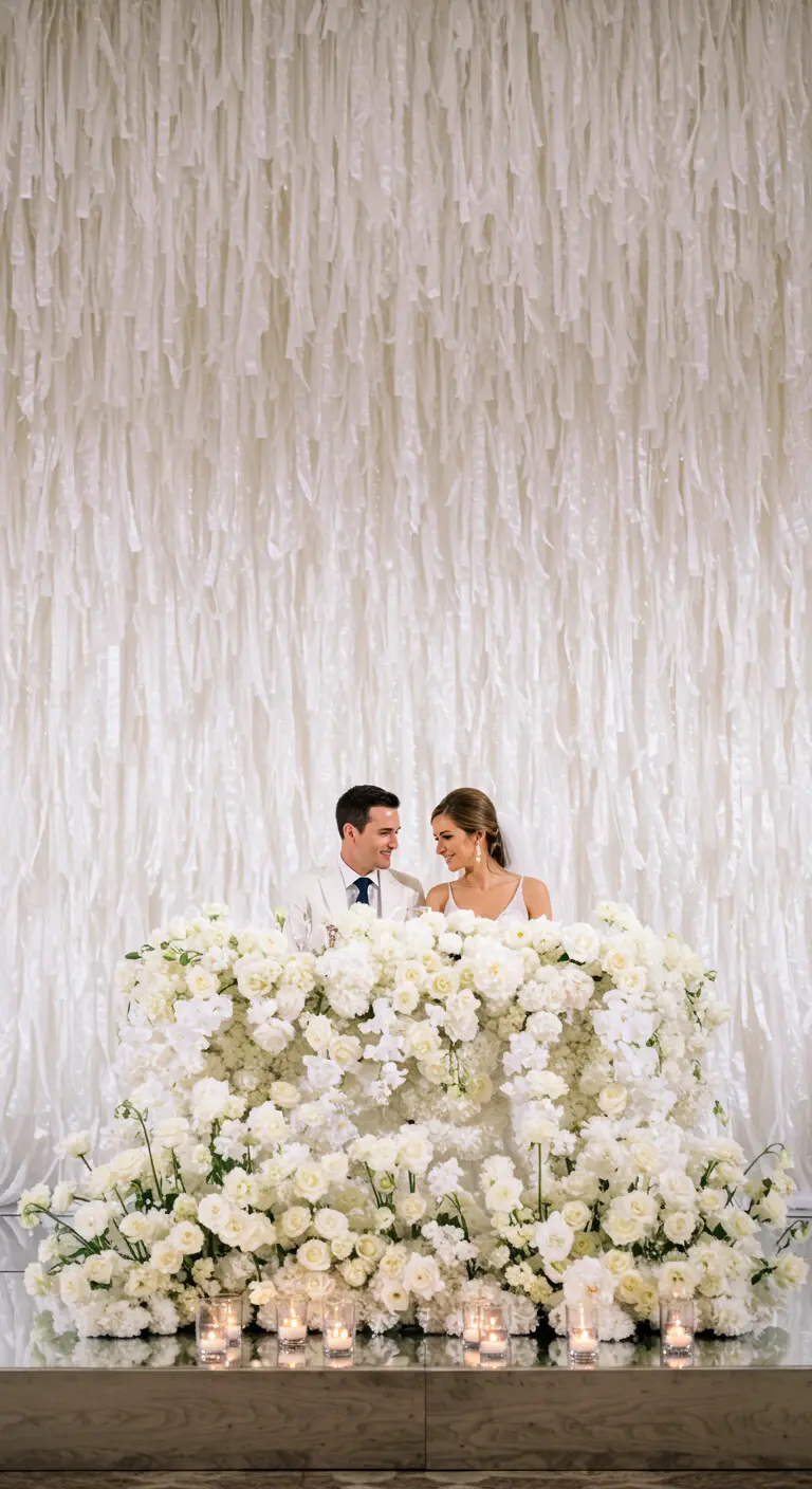 A bride and groom at a sweetheart table in front of a wall of hanging white ribbons.