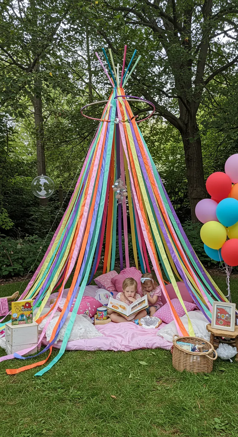 Two small children sit inside a teepee made of colorful ribbons hanging from a hula hoop.
