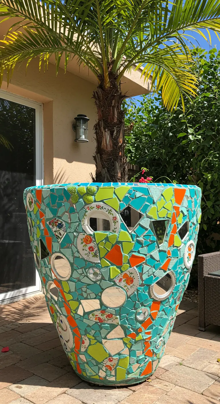 A very large outdoor planter decorated with a colorful mosaic of aqua and orange tiles.