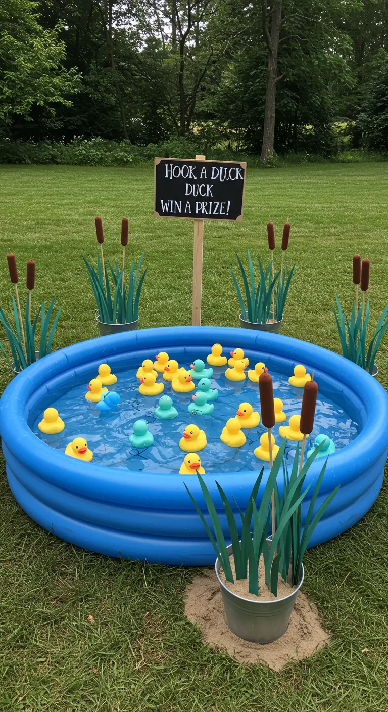 A DIY hook-a-duck game in a blue inflatable pool with a handmade sign.