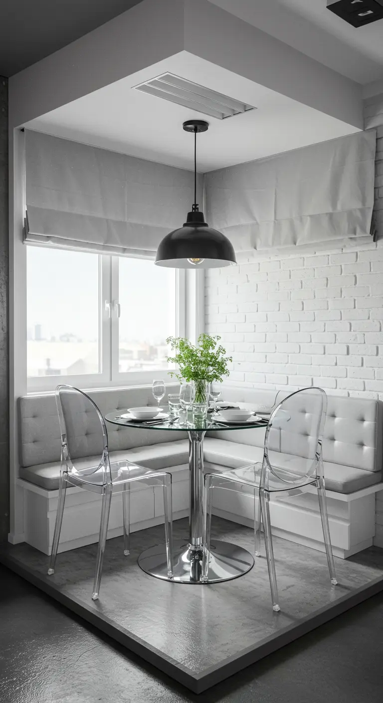 A dining nook with a built-in bench, glass-top pedestal table, and clear acrylic chairs.