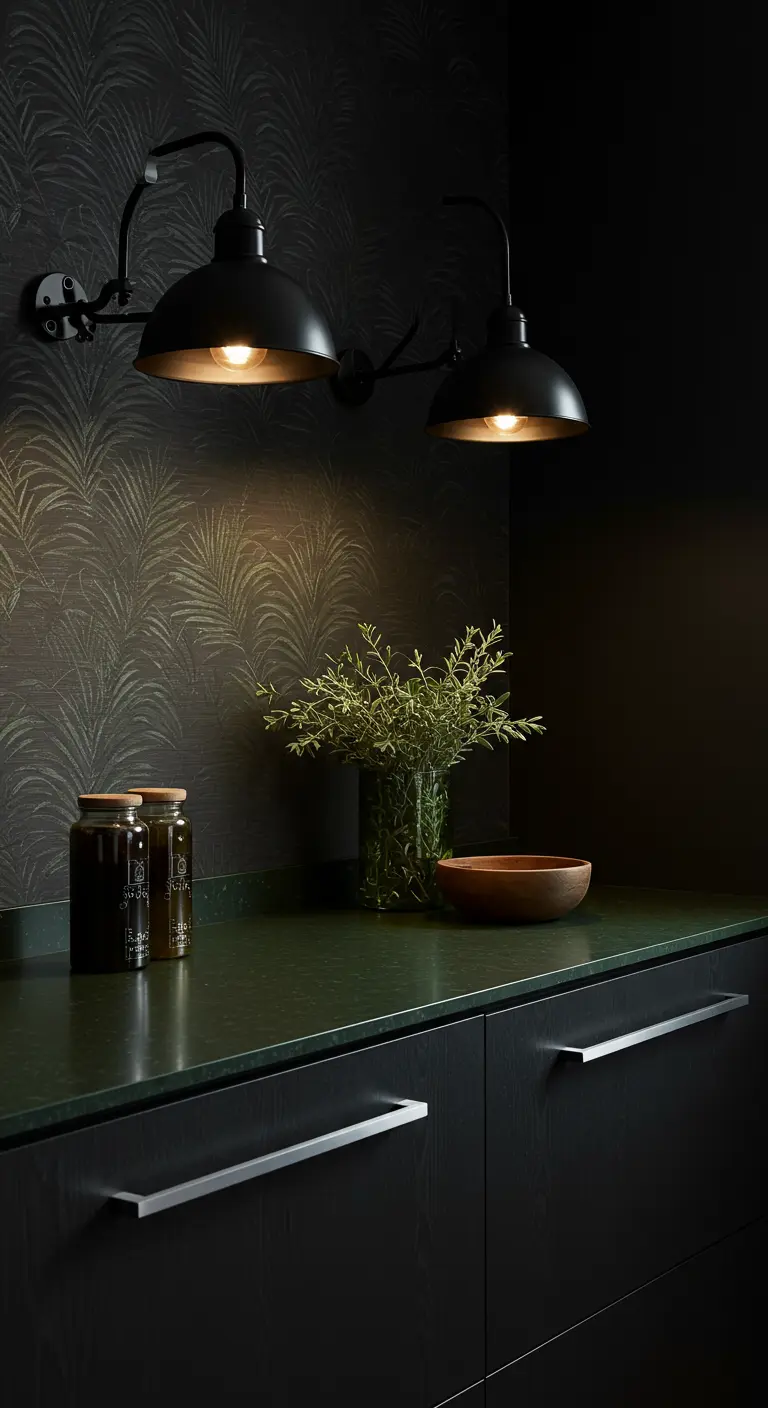 Dark kitchen countertop with subtle botanical wallpaper and focused black sconce lighting.