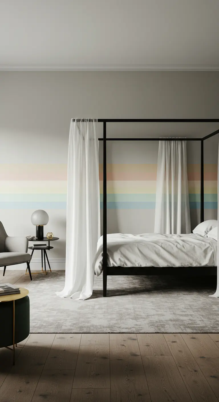 Minimalist bedroom with a pastel rainbow stripe on a gray wall and a black canopy bed.