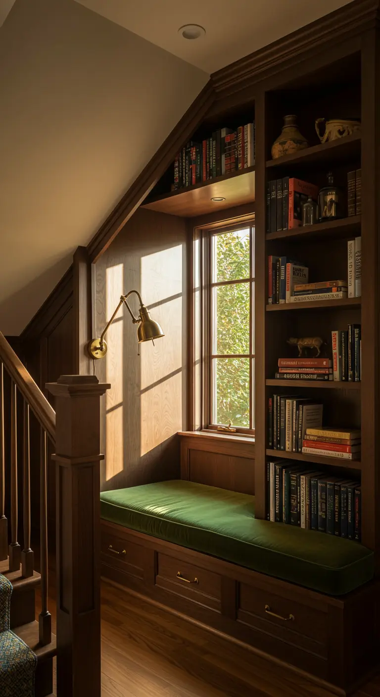 A cozy reading nook under a staircase with dark wood shelves and a green velvet cushion.