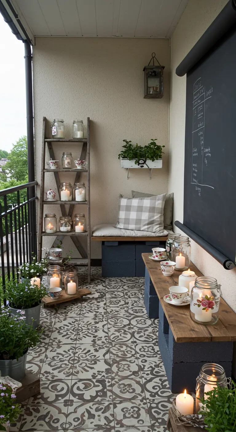 A charming balcony with a DIY cinder block bench, a ladder shelf with candles, and patterned floor tiles.