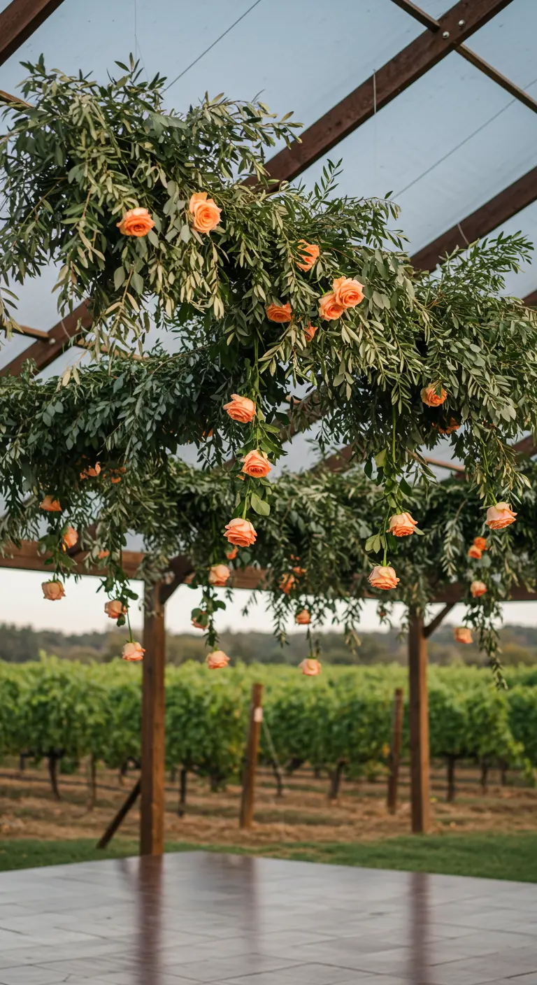 A ceiling of greenery with individual peach roses hanging down over a dance floor.