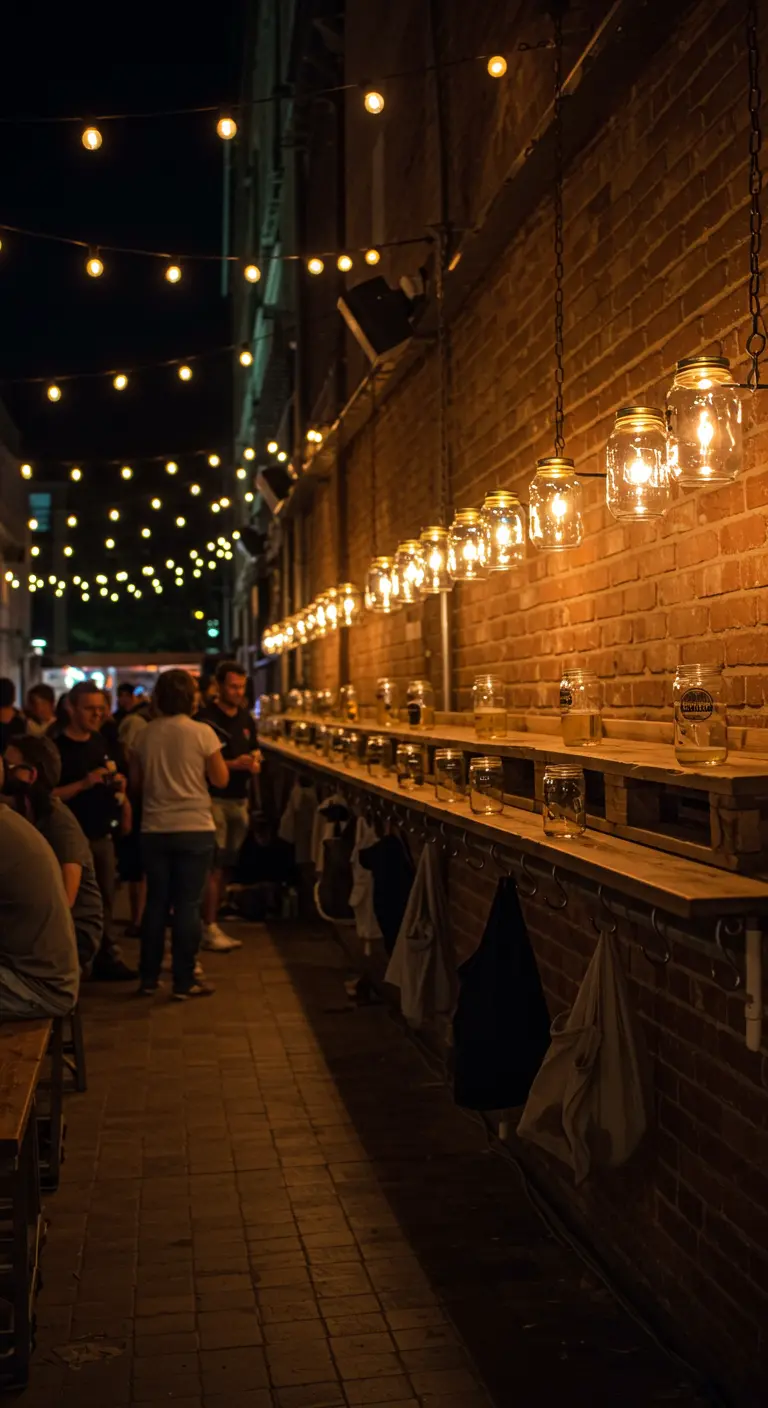 A long pallet bar lines a brick alleyway, lit by a row of hanging jar lights, at a party.