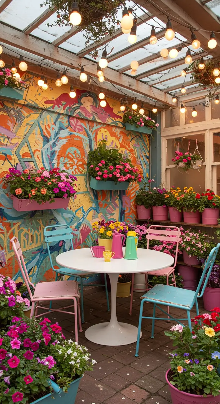 A colorful balcony with a painted mural, abundant flowers, and clusters of globe lights.