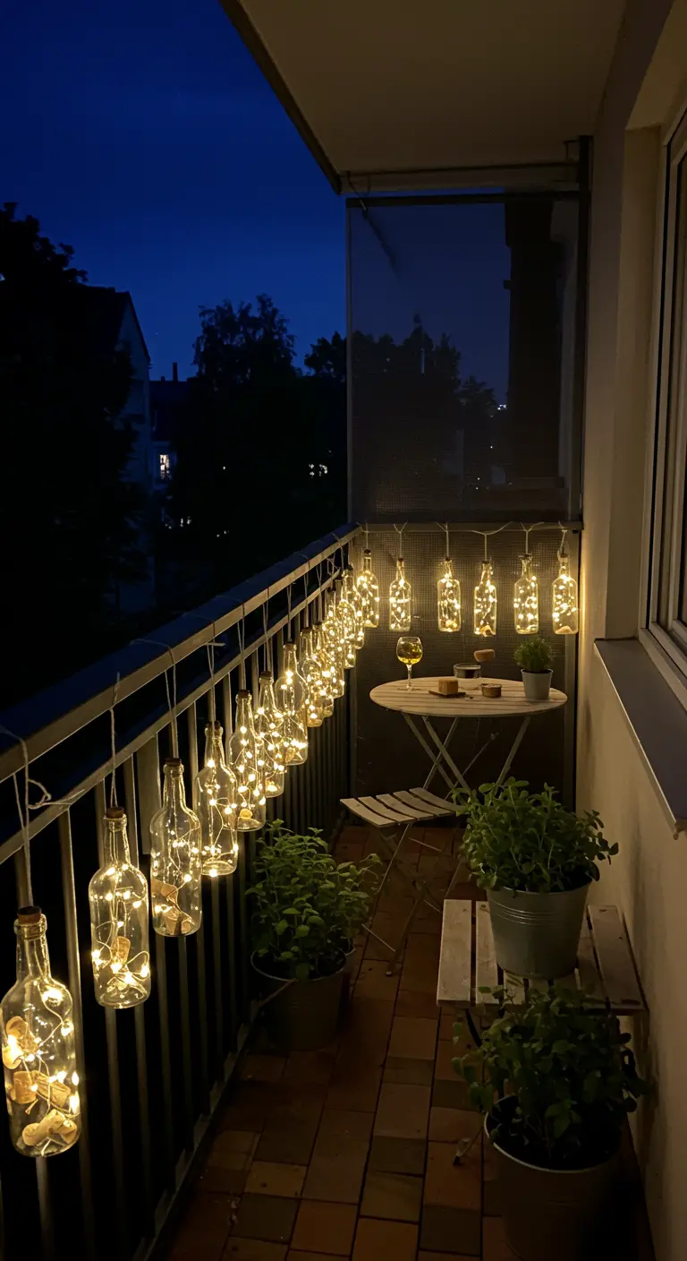 Clear wine bottles filled with fairy lights hung along a small city balcony railing at night.