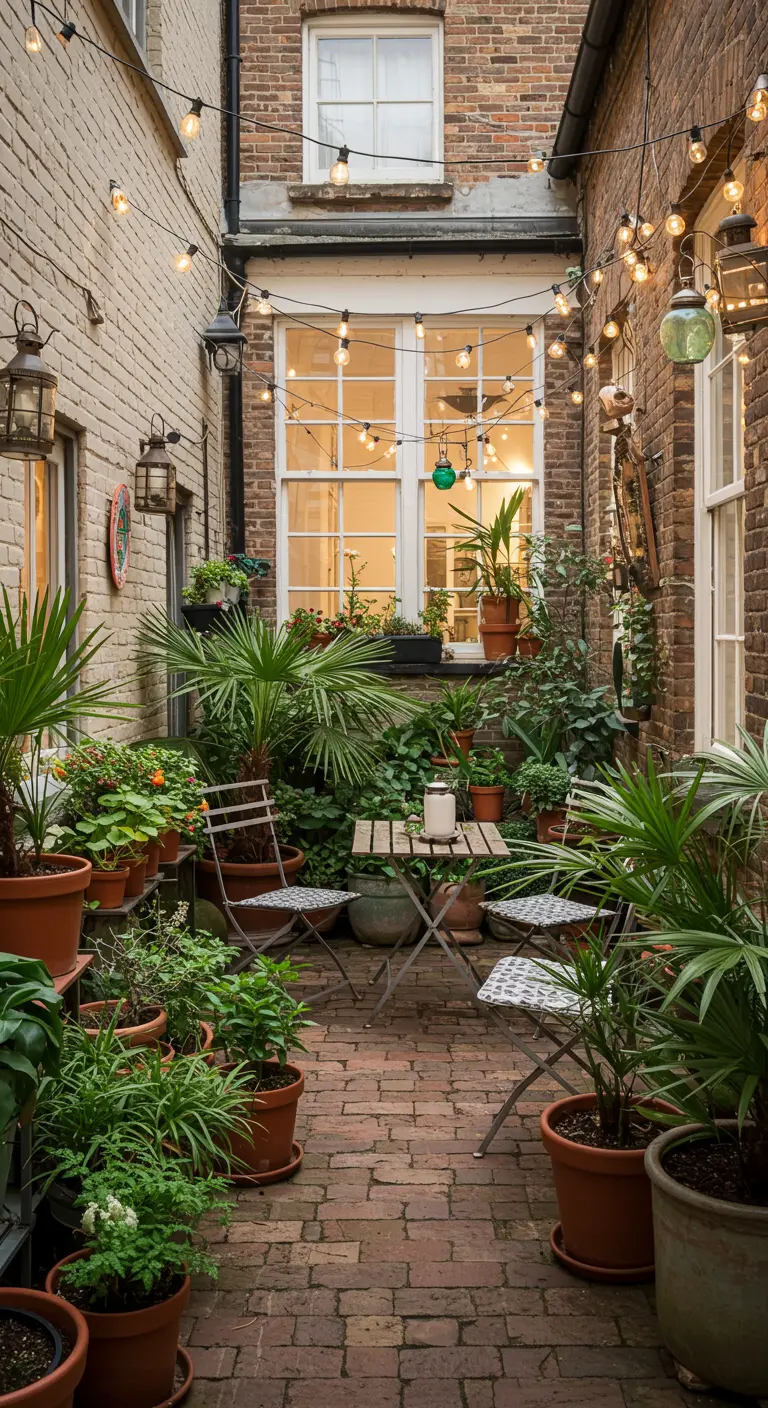 A narrow brick courtyard packed with terracotta pots filled with palms and other green plants.