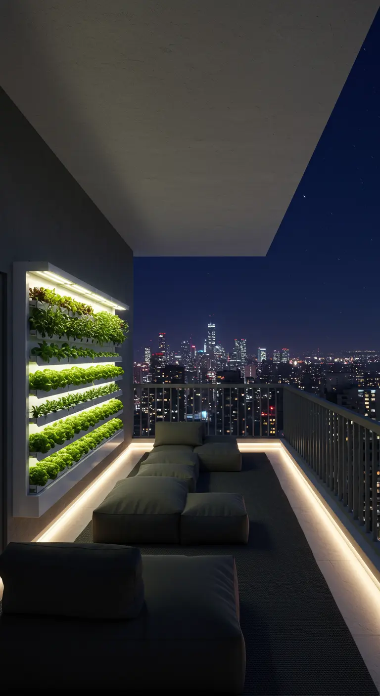 A modern high-rise balcony at night with a large, illuminated vertical herb and lettuce garden.