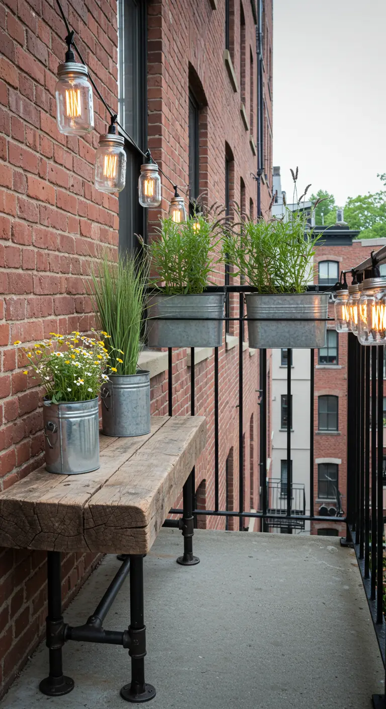 A balcony with a brick wall, featuring a bench made of a wood beam and iron pipes, with metal planters.