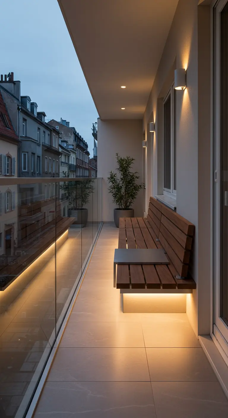 Long wooden bench with underglow on a narrow city balcony at dusk.
