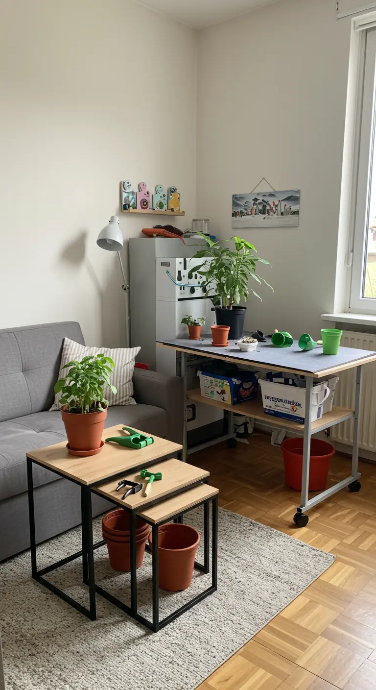A living room corner set up as a gardening station with a large mobile table and nesting side tables.