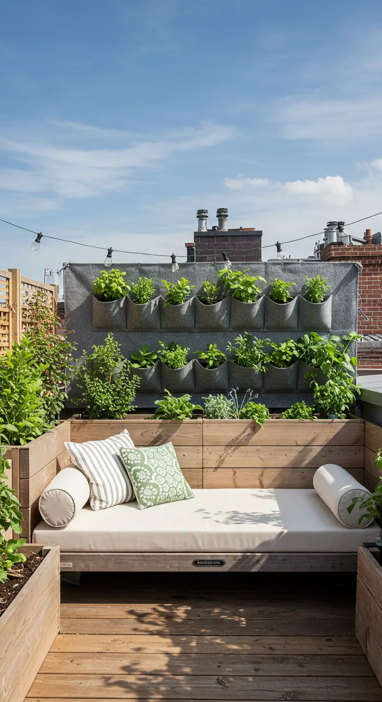 Compact rooftop garden with a vertical herb wall, a wooden bench, and planter boxes.