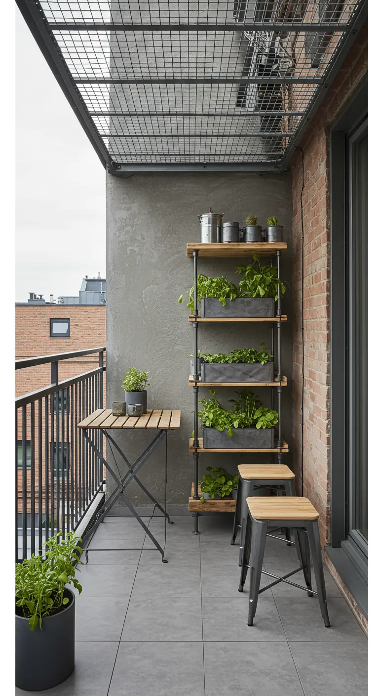 An industrial-style balcony with a metal and wood shelf holding herbs, against a brick wall.