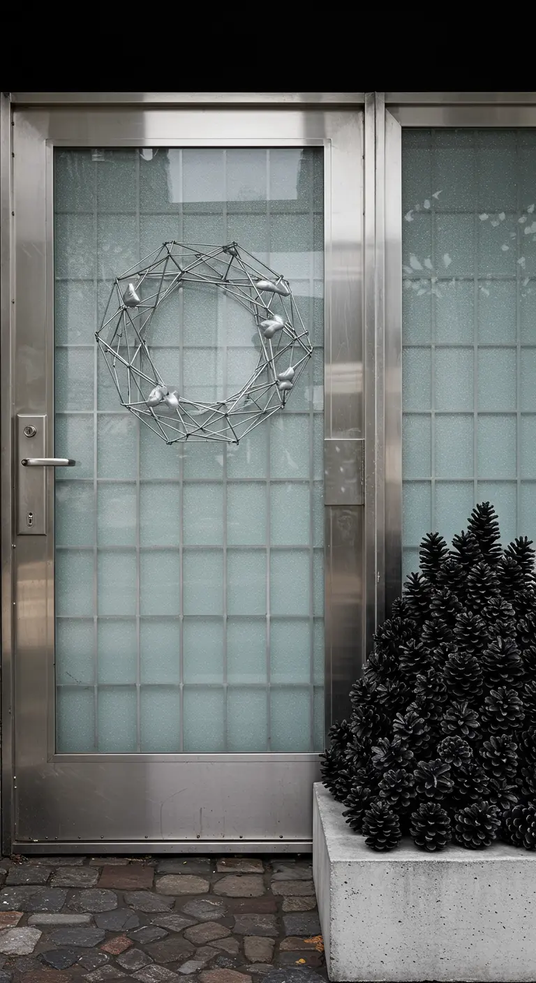 A modern metal door with a geometric silver wreath and a planter of matte black pinecones.