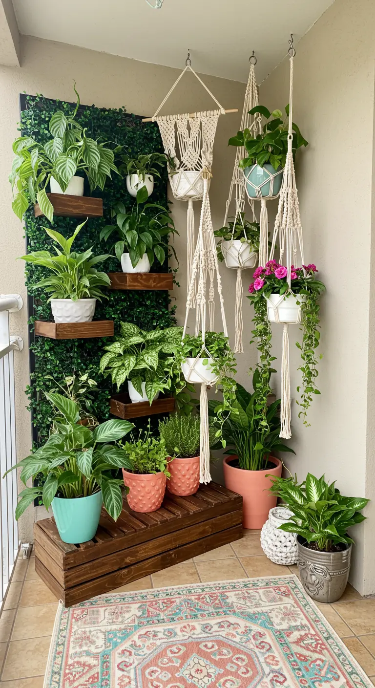 A dense corner filled with a green wall, shelves, and macramé hangers.