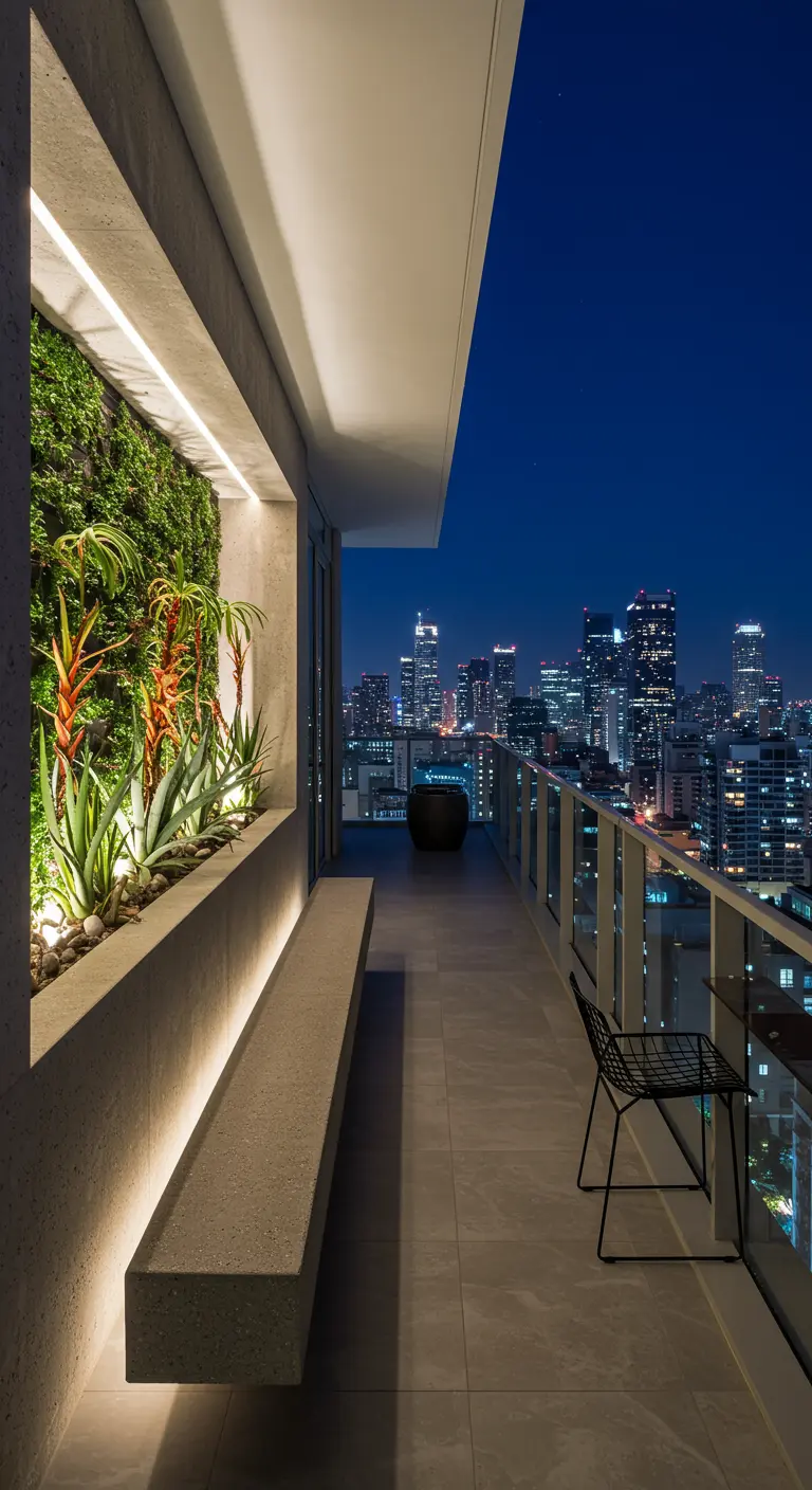 A long concrete bench on a city balcony under a recessed, illuminated living wall.